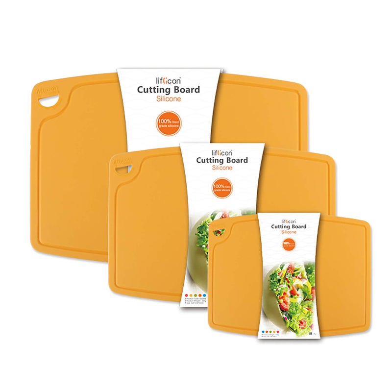 Liflicon Silicone Thick Cutting Boards Mats Set of 3pcs Foldable & Flexible Design Juice Grooves Easy Grip Handle Dishwasher Safe for Kitchen,BPA free Silicone Cutting Mats-Yellow - Image 1